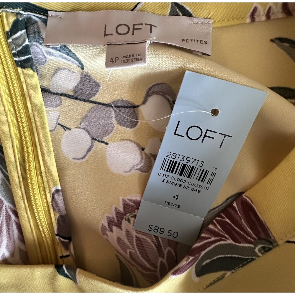 LOFT NEW Floral Dress Womens Size 4 Petite Yellow Bateau Neck Shift Career - Picture 6 of 11